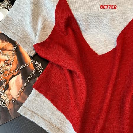 BY18782# 假两件红色吊带叠穿短袖T恤女新款夏季显瘦设计感正肩上衣 服裝批發女裝批發服飾貨源