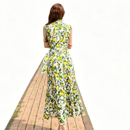 BY18785# 法式度假风V领无袖碎花长裙收腰显瘦柠檬印花气质女神范连衣裙 服裝批發女裝批發服飾貨源