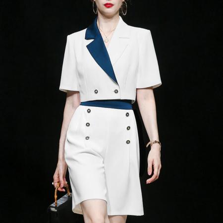 BY18787# 韩版撞色西装套装女短袖短款上衣高腰阔腿短裤干练御姐两件套 服裝批發女裝批發服飾貨源