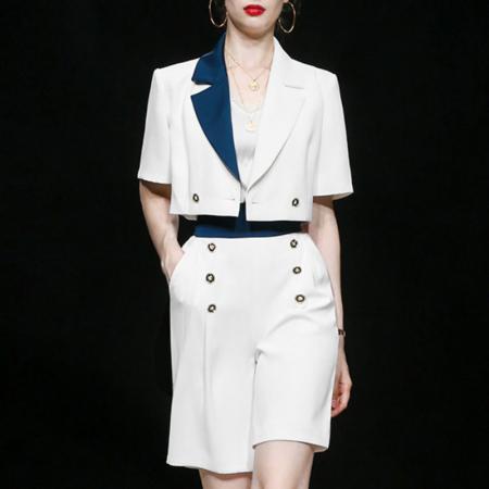 BY18787# 韩版撞色西装套装女短袖短款上衣高腰阔腿短裤干练御姐两件套 服裝批發女裝批發服飾貨源