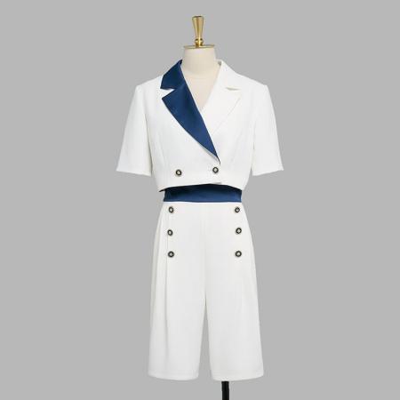 BY18787# 韩版撞色西装套装女短袖短款上衣高腰阔腿短裤干练御姐两件套 服裝批發女裝批發服飾貨源