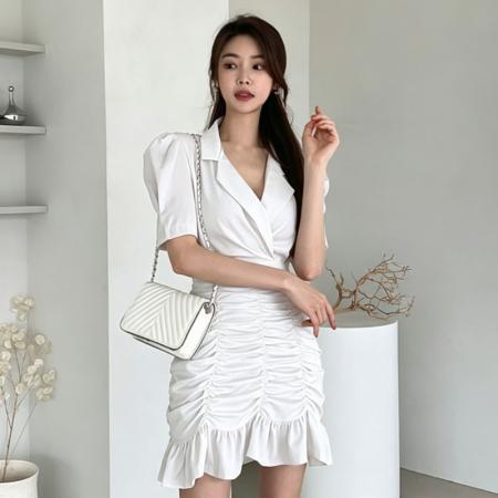BY18788# 韩版新款纯欲风西装领连衣裙女收腰显瘦气质白色包臀短裙 服裝批發女裝批發服飾貨源
