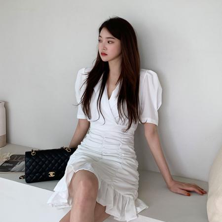 BY18788# 韩版新款纯欲风西装领连衣裙女收腰显瘦气质白色包臀短裙 服裝批發女裝批發服飾貨源