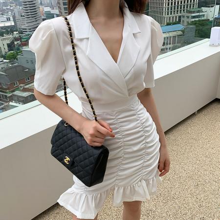 BY18788# 韩版新款纯欲风西装领连衣裙女收腰显瘦气质白色包臀短裙 服裝批發女裝批發服飾貨源