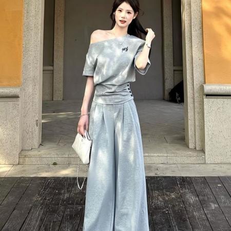 FA56887# 韩系慵懒休闲运动服套装女夏季斜肩收腰显瘦一字肩短袖长裤两件套