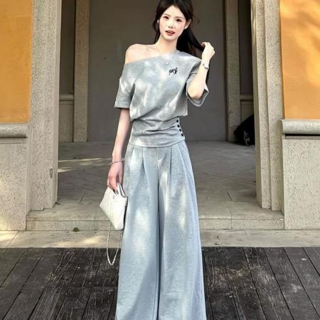 FA56887# 韩系慵懒休闲运动服套装女夏季斜肩收腰显瘦一字肩短袖长裤两件套