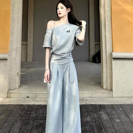 FA56887# 韩系慵懒休闲运动服套装女夏季斜肩收腰显瘦一字肩短袖长裤两件套
