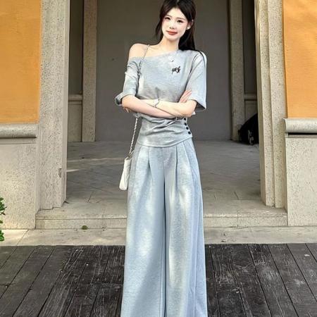 FA56887# 韩系慵懒休闲运动服套装女夏季斜肩收腰显瘦一字肩短袖长裤两件套