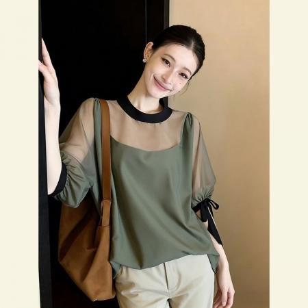 BY18790# 夏季别致独特小众不撞款高级感超好看高端欧货洋气绿色上衣女 服裝批發女裝批發服飾貨源