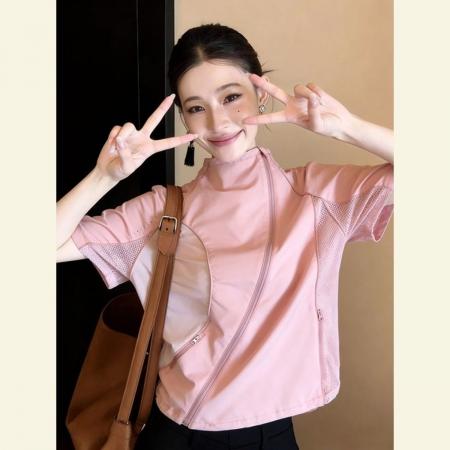 BY18791# 今年流行漂亮高级感超好看上衣粉色工装短袖斜拉链短袖衬衫女春季 服裝批發女裝批發服飾貨源