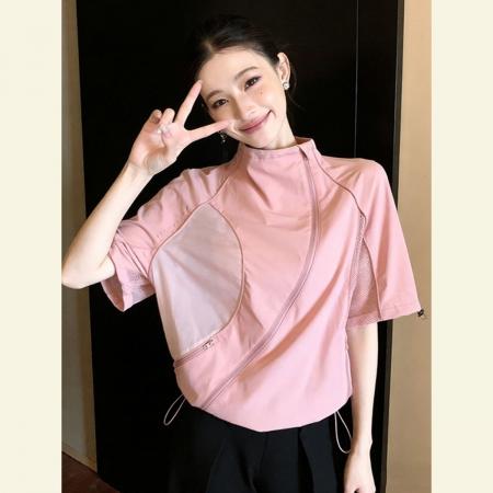 BY18791# 今年流行漂亮高级感超好看上衣粉色工装短袖斜拉链短袖衬衫女春季 服裝批發女裝批發服飾貨源