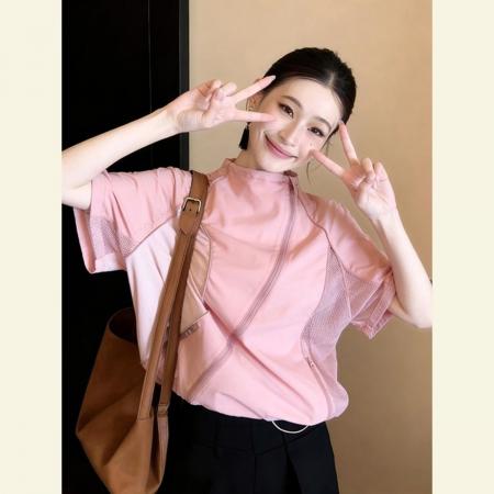 BY18791# 今年流行漂亮高级感超好看上衣粉色工装短袖斜拉链短袖衬衫女春季 服裝批發女裝批發服飾貨源