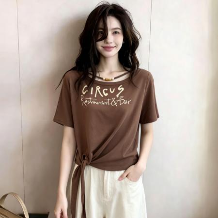 BY18795# 夏季新款夏日清新风系带收腰辣妹短袖T恤上衣女 服裝批發女裝批發服飾貨源