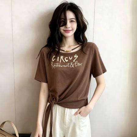 BY18795# 夏季新款夏日清新风系带收腰辣妹短袖T恤上衣女 服裝批發女裝批發服飾貨源