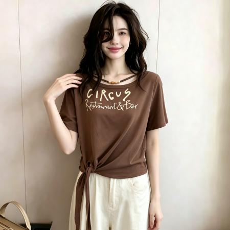 BY18795# 夏季新款夏日清新风系带收腰辣妹短袖T恤上衣女 服裝批發女裝批發服飾貨源