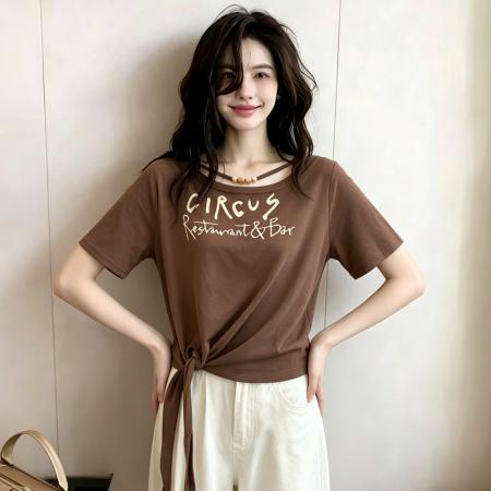 BY18795# 夏季新款夏日清新风系带收腰辣妹短袖T恤上衣女 服裝批發女裝批發服飾貨源
