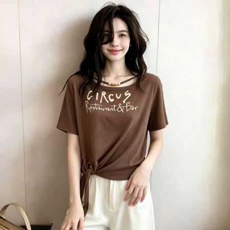BY18795# 夏季新款夏日清新风系带收腰辣妹短袖T恤上衣女 服裝批發女裝批發服飾貨源