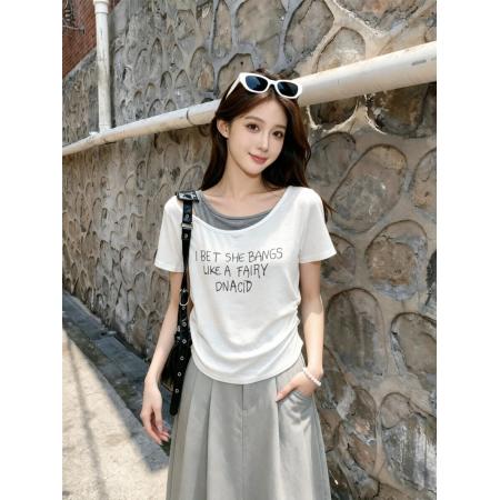 BY18796# 夏季新款韩系慵懒风假两件撞色英文字母T恤上衣 服裝批發女裝批發服飾貨源