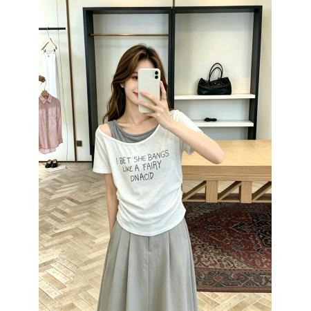 BY18796# 夏季新款韩系慵懒风假两件撞色英文字母T恤上衣 服裝批發女裝批發服飾貨源