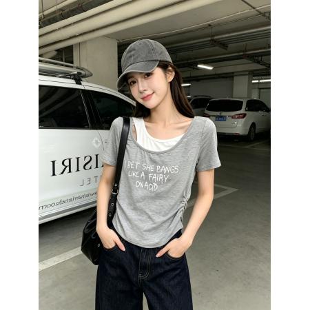 BY18796# 夏季新款韩系慵懒风假两件撞色英文字母T恤上衣 服裝批發女裝批發服飾貨源