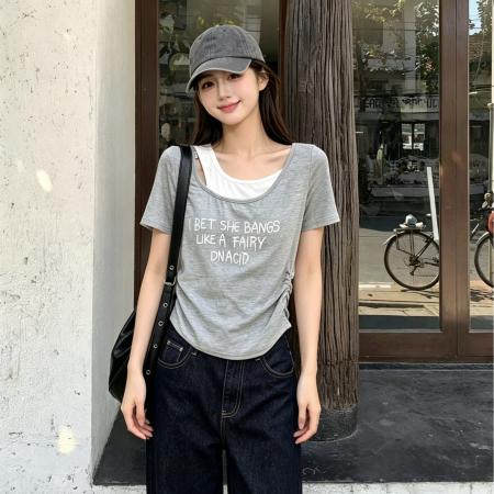 BY18796# 夏季新款韩系慵懒风假两件撞色英文字母T恤上衣 服裝批發女裝批發服飾貨源