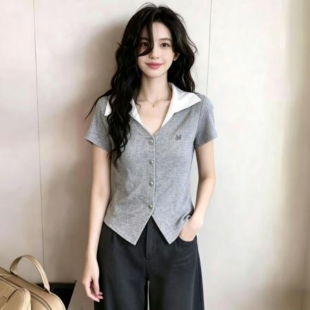 BY18799# 夏季新款独特绝美不规则韩系假两件短袖polo领上衣 服裝批發女裝批發服飾貨源