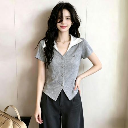 BY18799# 夏季新款独特绝美不规则韩系假两件短袖polo领上衣 服裝批發女裝批發服飾貨源