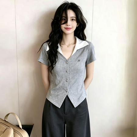 BY18799# 夏季新款独特绝美不规则韩系假两件短袖polo领上衣 服裝批發女裝批發服飾貨源