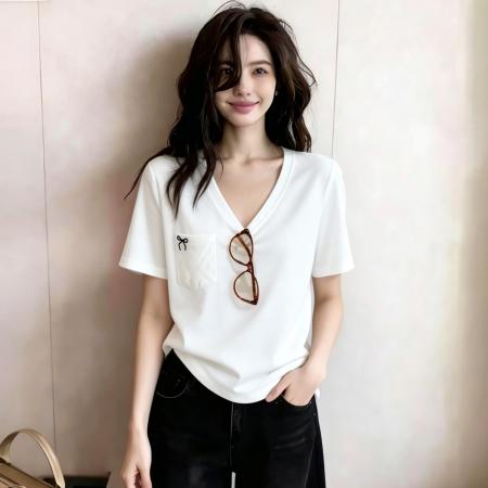 BY18802# 夏季新款V领露锁骨甜美减龄刺绣蝴蝶结百搭上衣女 服裝批發女裝批發服飾貨源