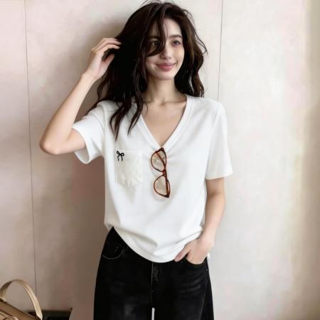 BY18802# 夏季新款V领露锁骨甜美减龄刺绣蝴蝶结百搭上衣女 服裝批發女裝批發服飾貨源