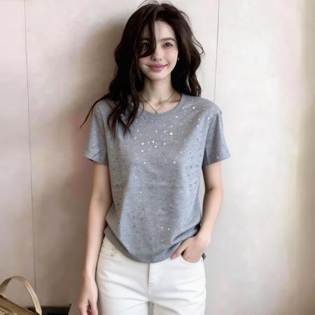 BY18803# 夏季新款韩系烫钻满天星星短袖灰色法式T恤上衣女 服裝批發女裝批發服飾貨源