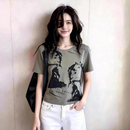 BY18804# 夏季新款韩系棉t慵懒风印花收腰氧气减龄短袖上衣 服裝批發女裝批發服飾貨源