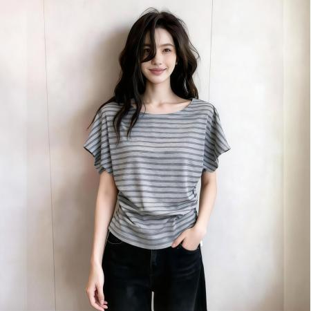 BY18806# 夏季新款简约通勤风条纹短袖T恤独特上衣女ins 服裝批發女裝批發服飾貨源