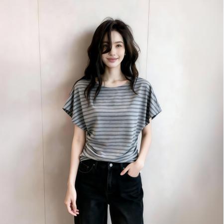 BY18806# 夏季新款简约通勤风条纹短袖T恤独特上衣女ins 服裝批發女裝批發服飾貨源