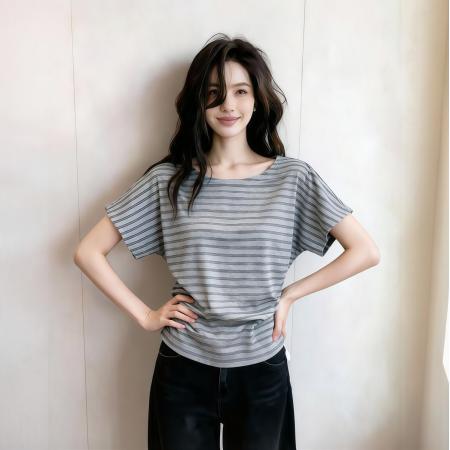 BY18806# 夏季新款简约通勤风条纹短袖T恤独特上衣女ins 服裝批發女裝批發服飾貨源
