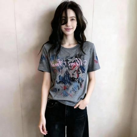 BY18808# 夏季新款韩版涂鸦彩色艺术印花短袖T恤上衣女 服裝批發女裝批發服飾貨源
