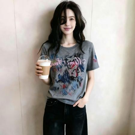 BY18808# 夏季新款韩版涂鸦彩色艺术印花短袖T恤上衣女 服裝批發女裝批發服飾貨源