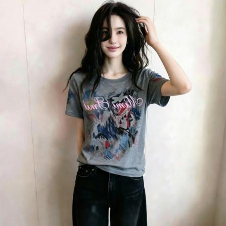 BY18808# 夏季新款韩版涂鸦彩色艺术印花短袖T恤上衣女 服裝批發女裝批發服飾貨源