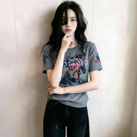 BY18808# 夏季新款韩版涂鸦彩色艺术印花短袖T恤上衣女 服裝批發女裝批發服飾貨源
