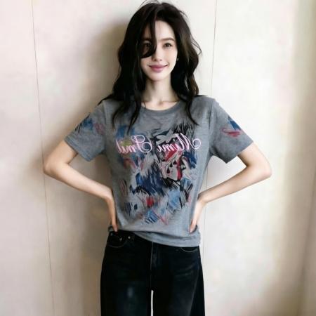 BY18808# 夏季新款韩版涂鸦彩色艺术印花短袖T恤上衣女 服裝批發女裝批發服飾貨源