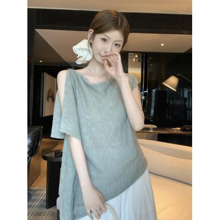 BY18809# 针织荡领不对称无袖T恤女夏季新款收腰系带宽松显瘦上衣 服裝批發女裝批發服飾貨源
