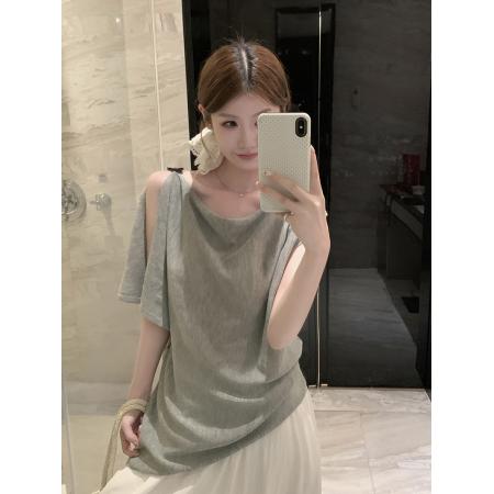 BY18809# 针织荡领不对称无袖T恤女夏季新款收腰系带宽松显瘦上衣 服裝批發女裝批發服飾貨源