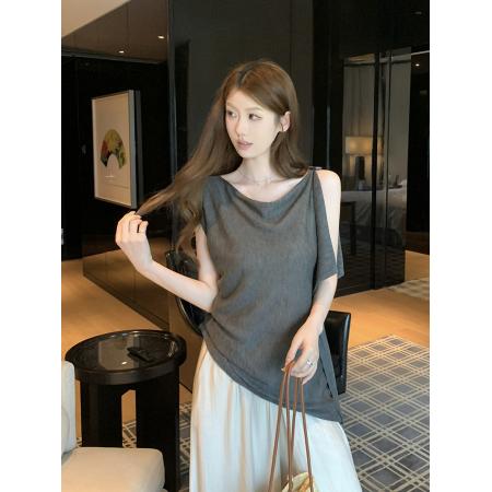 BY18809# 针织荡领不对称无袖T恤女夏季新款收腰系带宽松显瘦上衣 服裝批發女裝批發服飾貨源