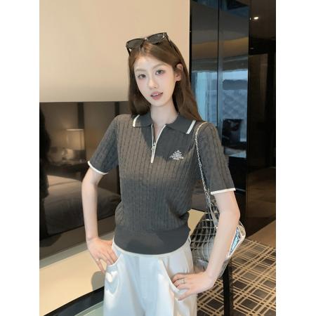 BY18811# 夏季法式学院风撞色边半拉链短袖针织衫女polo衫 服裝批發女裝批發服飾貨源