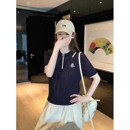 BY18811# 夏季法式学院风撞色边半拉链短袖针织衫女polo衫 服裝批發女裝批發服飾貨源