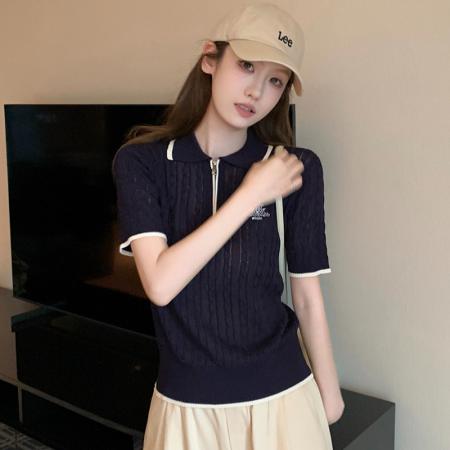 BY18811# 夏季法式学院风撞色边半拉链短袖针织衫女polo衫 服裝批發女裝批發服飾貨源