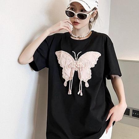 BY18812# 新款黑色国风蝴蝶圆领短袖t恤女夏季设计宽松显瘦半袖上衣 服裝批發女裝批發服飾貨源