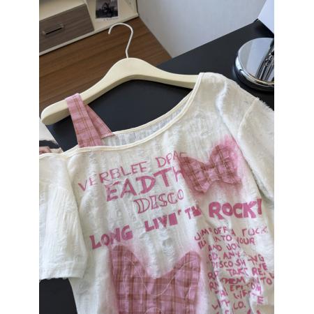 BY18813# 斜肩露肩蝴蝶结蕾丝短袖t恤女夏季少女 服裝批發女裝批發服飾貨源