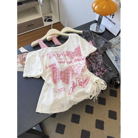 BY18813# 斜肩露肩蝴蝶结蕾丝短袖t恤女夏季少女 服裝批發女裝批發服飾貨源