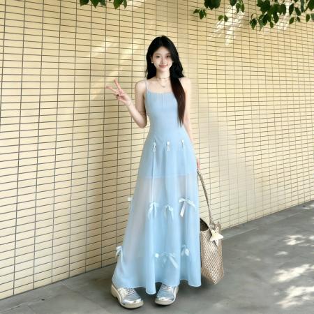 BY18814# 法式一裙三穿气质蓝色吊带连衣裙夏海边度假独特绝美收腰a字长裙 服裝批發女裝批發服飾貨源